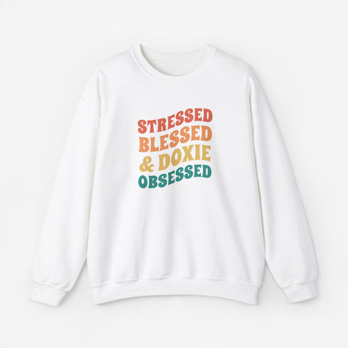 Dachshund Sweatshirt for Women - Stressed Blessed & Doxie Obsessed - Dachshund Crew Sweatshirt